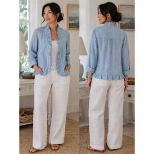 NWT Chicos Striped Ruffle Stacey Jacket Midnight White Size 1 Medium Open Front